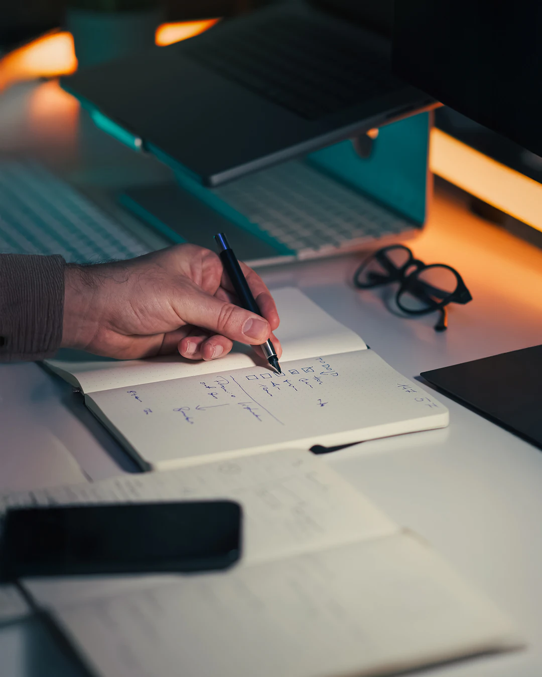Une main qui écrit dans un carnet ouvert, sur un plan de travail sombre éclairé par une lampe.